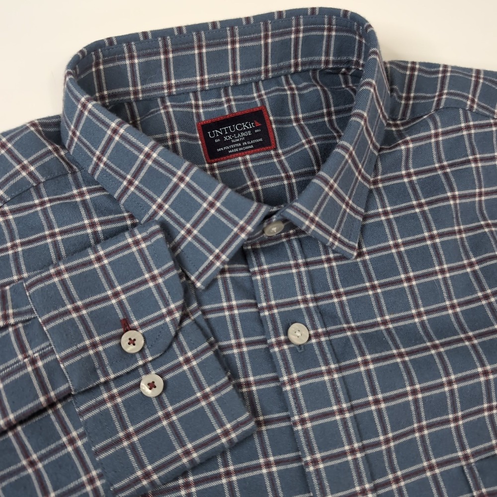 Untuckit Shirt Mens 2XL Blue Plaid Performance Twill‎ Woodson Button Up Collar